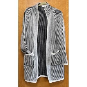 Bohme Womens Ribbed Knit Cardigan Sweater Striped Duster Black White XS